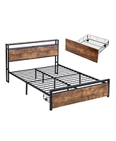 Mondawe Full Size Bed Frame with Storage Headboard and 2 Drawers, Led Lights Bed with Charging Station, Metal Platform Bedroom Furniture