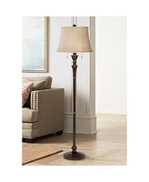 Regency Hill Brooke Traditional Standing Floor Lamp 60" Tall Rich Bronze Copper Accents Metal Column Brown Burlap Modified Bell Shade for Living Room