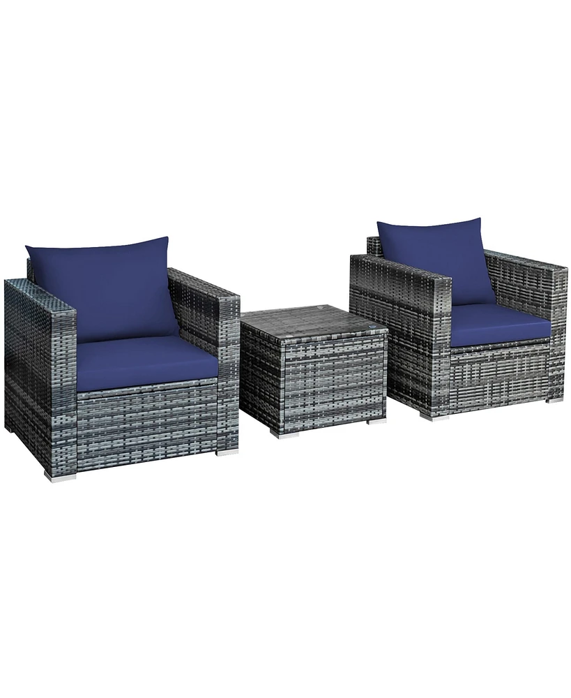 Gymax 3PCS Rattan Patio Conversation Furniture Set Outdoor Yard w/ Navy Cushion