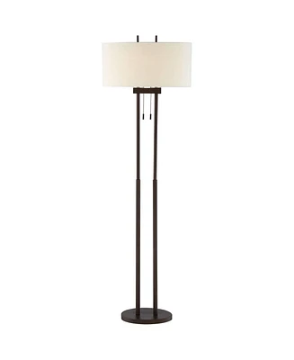 Franklin Iron Works Roscoe Modern Standing Floor Lamp 62" Tall Oil Rubbed Bronze Brown Twin Poles White Fabric Hardback Oval Shade Decor for Living Ro