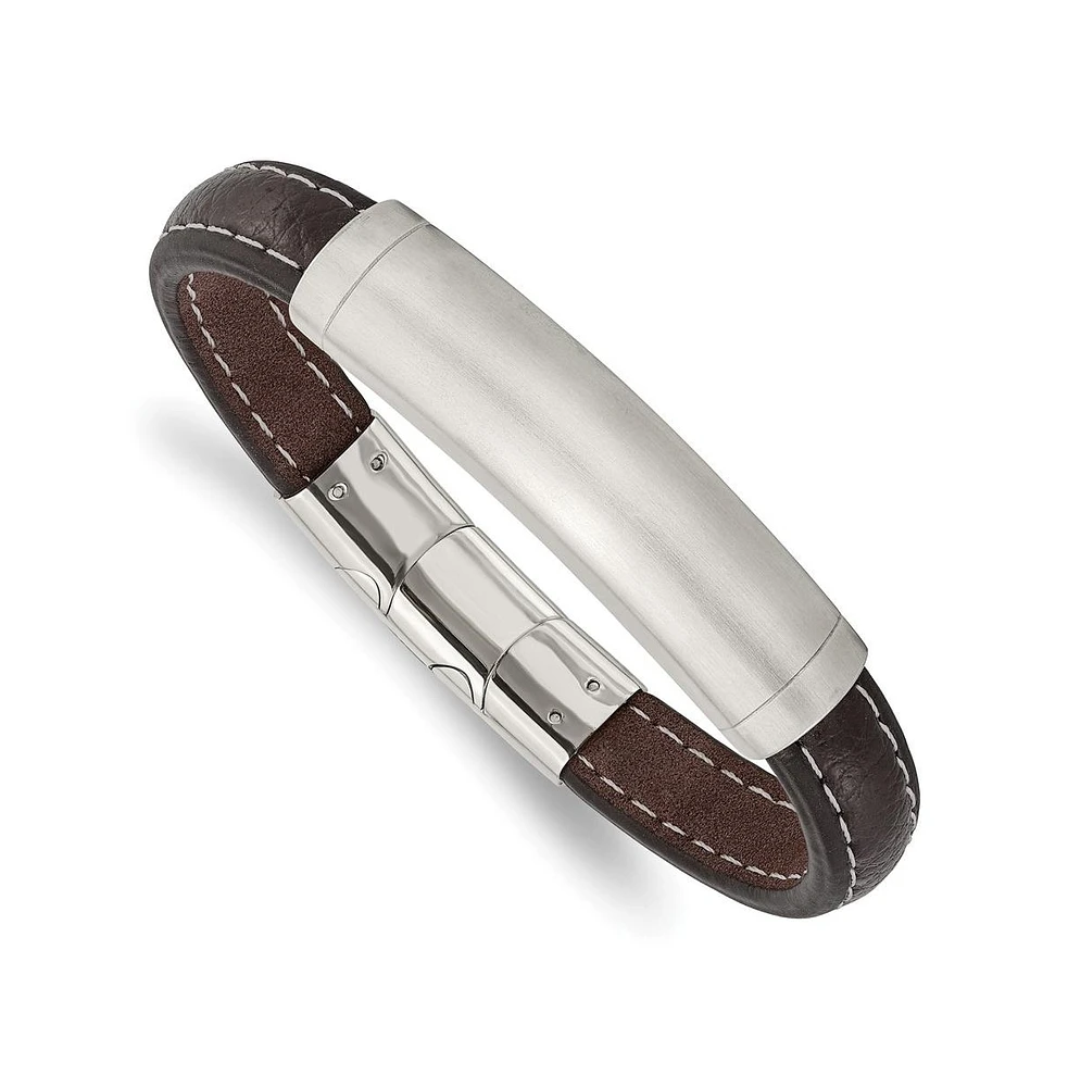 Chisel Stainless Steel Brushed Dark Brown Leather Id Bracelet