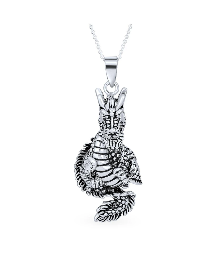 Bling Jewelry Ancient Chinese Zodiac Dragon Pendant Necklace Oxidized Sterling Silver Asian Astrology