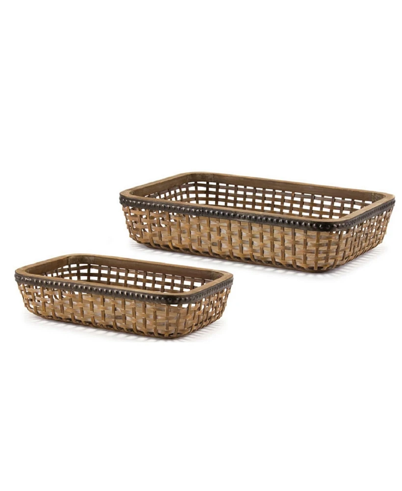 Slickblue Woven Wicker Basket Tray With Galvanized Metal Accent (Set of 2)