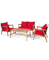 Gymax 4PCS Patio Conversation Set Wood Frame Furniture Set w/ Red Cushions