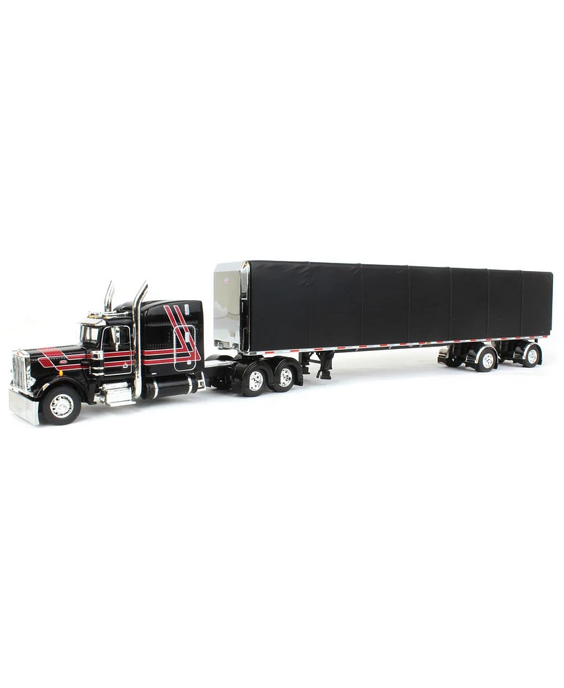 First Gear Inc 1/64 Black 7 Red Peterbilt 359 63in Mid Roof Sleeper with 53ft Roll Tarp