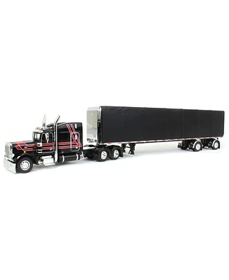 First Gear Inc 1/64 Black 7 Red Peterbilt 359 63in Mid Roof Sleeper with 53ft Roll Tarp