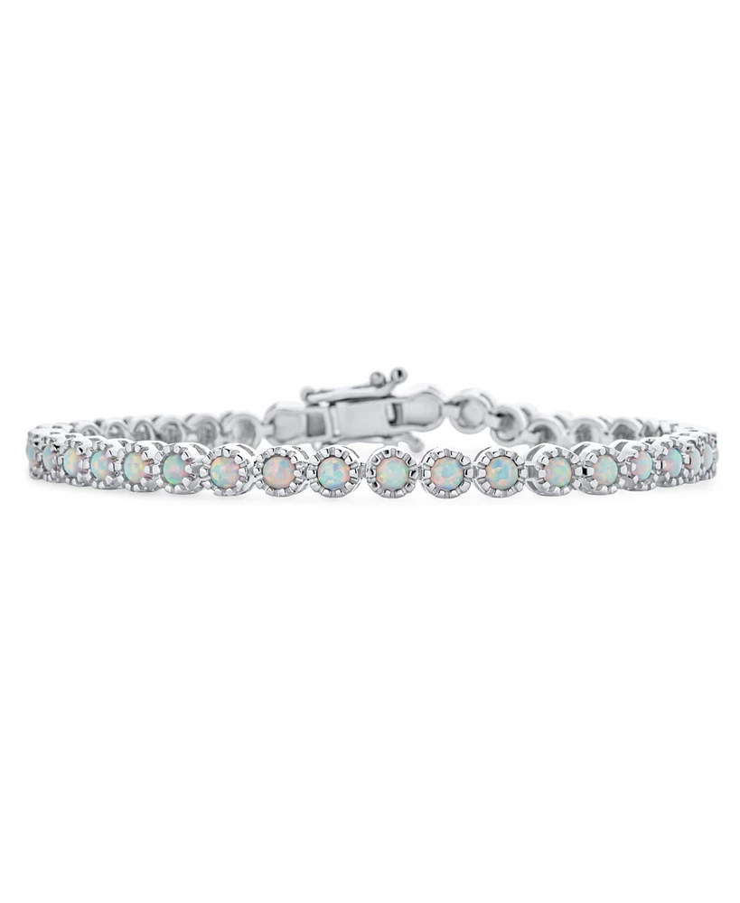 Bling Jewelry Dainty Round 37 In Milgrain Edge Setting Iridescent White Synthetic Opal Tennis Bracelet For Women Rhodium Plated Sterling Silver 7"