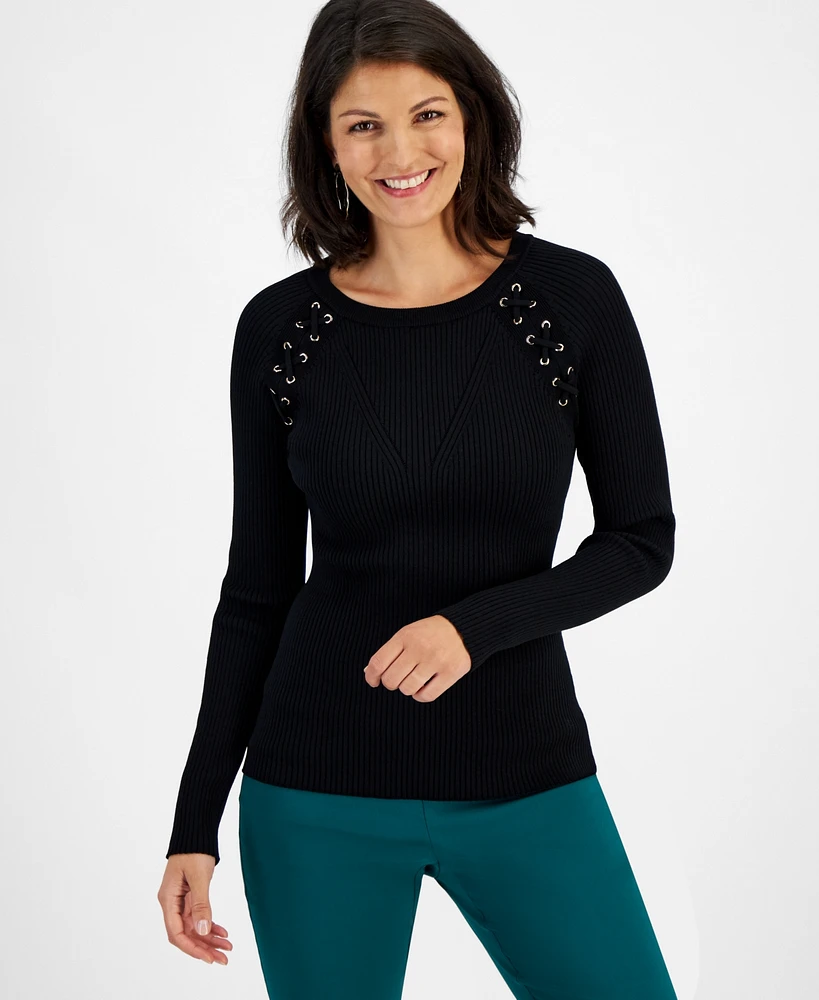 I.n.c. International Concepts Women's Lace-Up Ribbed-Knit Sweater, Created for Macy's