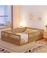 Streamdale Furniture Full Floor Bed Frame with Fence, Wood Kids Floor Beds Frame for Bedroom Playroom, Natural date Jul. 10th)