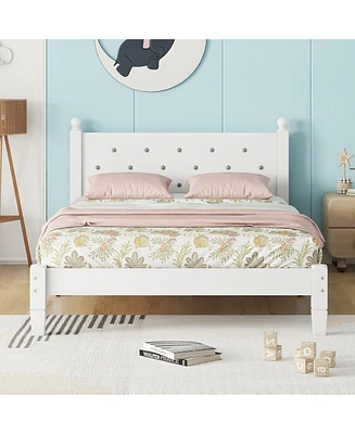 Simplie Fun Twin Bed with Button-Decoration Headboard, with Bed Slats, White