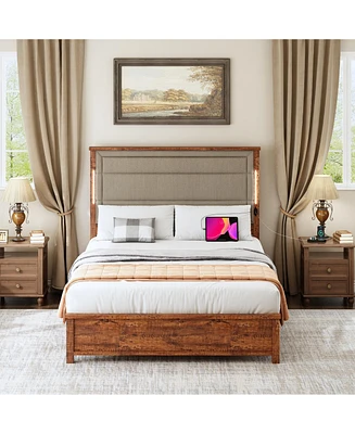 Streamdale Furniture Queen Size Bed Frame with Upholstered Headboard, Queen Bed Frame with Charging Station and Led Lights, Wood Slats, Dark Gray Line