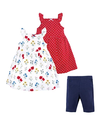 Hudson Baby Baby Girls Cotton Dresses and Leggings 3pc Set, Wildflower