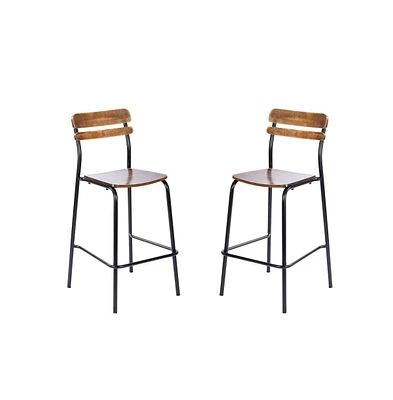 Emma+Oliver Blanchard Set Of 2 Bar Stools With Metal Frames And Solid Wood Seats Backs Antique Finishes