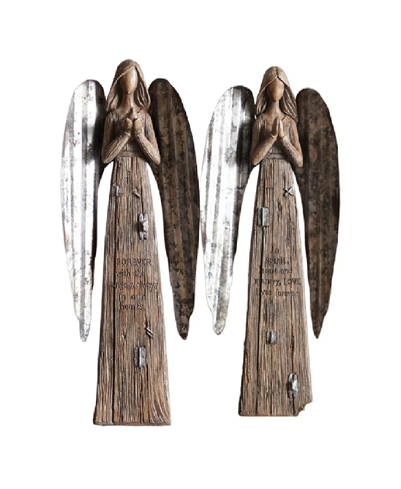 Slickblue Rustic Wood Sentiment Angel With Galvanized Metal Wings - Set of 2