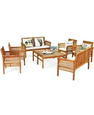 Gymax 8PCS Wooden Patio Conversation Set Outdoor Furniture Set w/ Cushion