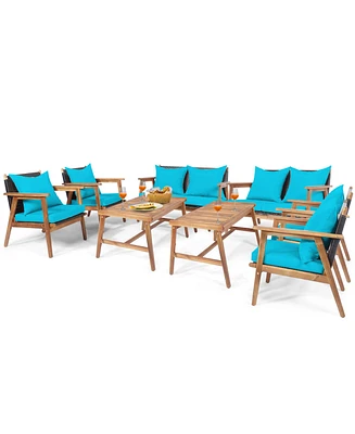 Gymax 8PCS Patio Conversation Set Wood Frame Furniture Set w/ Turquoise Cushions