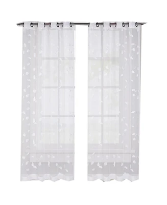 Caromio Leaves Embroidered Grommet Sheer Window Curtain Panels Set, 52" x 63"