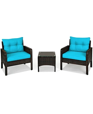 Gymax 3PCS Patio Outdoor Rattan Furniture Set w/ Coffee Table Turquoise Cushion