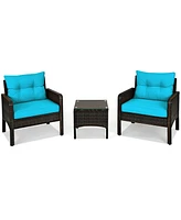 Gymax 3PCS Patio Outdoor Rattan Furniture Set w/ Coffee Table Turquoise Cushion