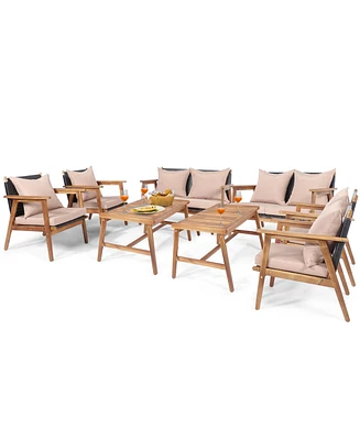 Gymax 8PCS Outdoor Furniture Set Patio Conversation Set w/ Wood Frame Cushion