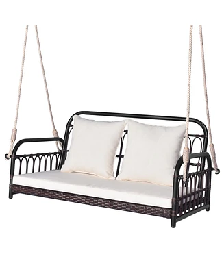 Slickblue 880LBS Wicker Hanging Porch Swing with Cushions-White