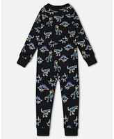 Deux par Big Boys Organic Cotton One Piece Pajama Black Printed Neon Dino