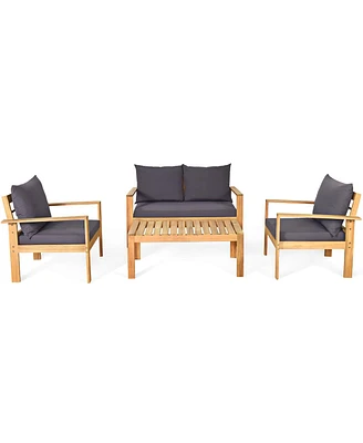 Gymax 4PCS Cushioned Wooden Conversation Set Patio Outdoor Furniture Set with Cover