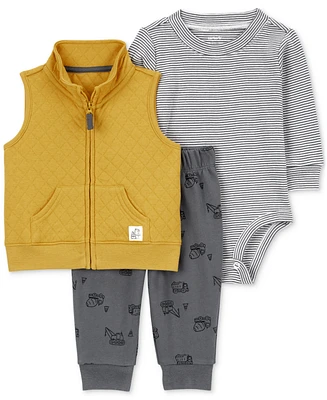 Carter's Baby Boy 3-Pc. Quilted Vest, Construction-Theme Pants & Striped Bodysuit