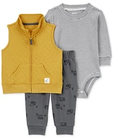 Carter's Baby Boy 3-Pc. Quilted Vest, Construction-Theme Pants & Striped Bodysuit