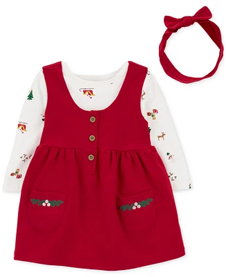 Carter's Baby Girls Cotton Holiday Printed Bodysuit, Dress & Headband, 3 Piece Set