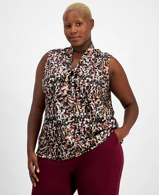 Kasper Plus Size Printed Tie-Neck Sleeveless Blouse