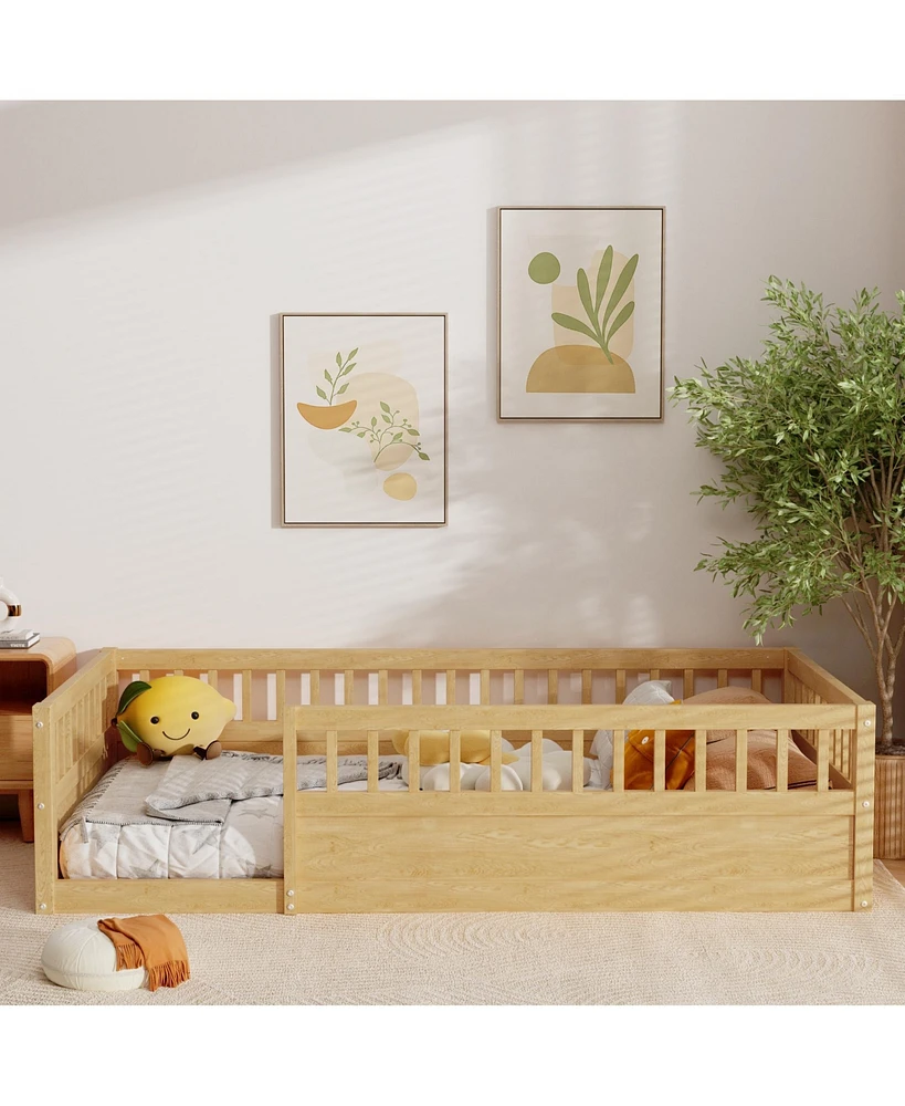 Simplie Fun Twin Floor Bed Frame with Fence, Wood Kids Floor Beds Frame for Bedroom Playroom, Natural date Jun. 21st)