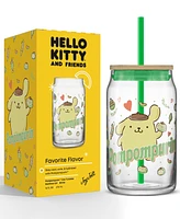 JoyJolt Hello Kitty and Friends Favorite Flavor Pompompurin Can Shaped Glass Tumbler with Wood Lid and Straw