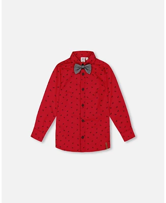 Deux par Little Boys Printed Reindeer Poplin Shirt With Bow Tie Red - Toddler|Child