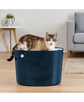 Iris Usa Large Stylish Round Top Entry Cat Litter Box with Scoop, Curved Kitty Litter Pan with Litter Particle Catching, Navy/White