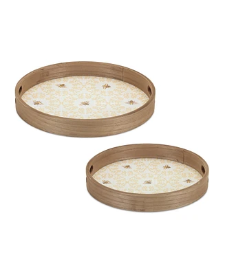 Slickblue Round Bumble Bee Tray With Natural Wooden Accents (Set of 2)