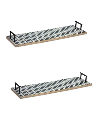 Slickblue Mango Wood Tray With Geometric Design And Metal Handle Accents (Set of 2)