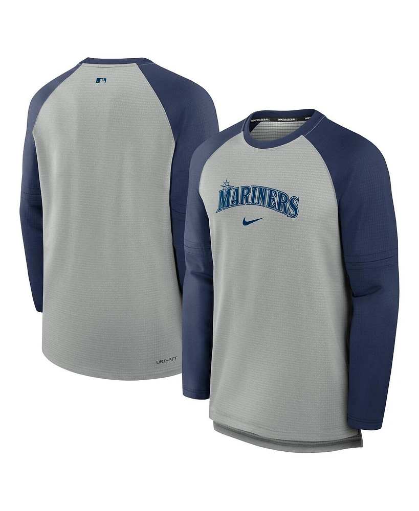 Nike Men's Heather Gray/Navy Seattle Mariners Authentic Collection Game Time Raglan Performance Long Sleeve T-Shirt