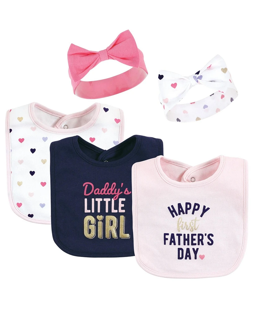 Hudson Baby Baby Girls Hudson Cotton Bib and Headband or Caps Set, Fathers Day, 0-9 Months