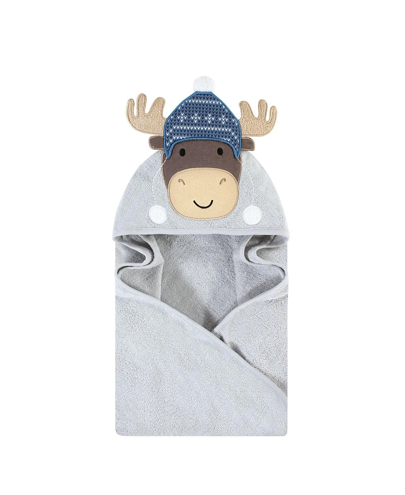 Hudson Baby Infant Boy Cotton Animal Face Hooded Towel, Winter Moose, One Size