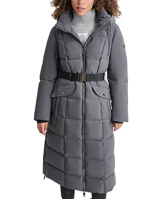 Dkny Womens Maxi Belted Hooded Puffer Coat