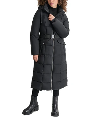 Dkny Womens Maxi Belted Hooded Puffer Coat