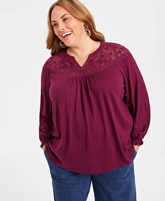 Style & Co Plus Mesh-Trim Raglan-Sleeve Blouse, Created for Macy's