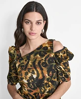 Dkny Women's Printed Asymmetric Zip-Shoulder Blouse