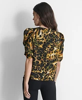 Dkny Women's Printed Puff-Sleeve V-Neck Blouse