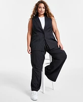 Bar Iii Trendy Plus Long Black with White Pinstriped Vest, Created for Macy's