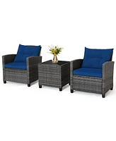 Gymax 3PCS Patio Rattan Sofa Set Outdoor Wicker Conversation Set Glass Tabletop w/ Navy Cushion