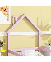 Streamdale Furniture Twin Size Wood Bed With Houseshaped Headboard Floor Bed With Fences, Pink