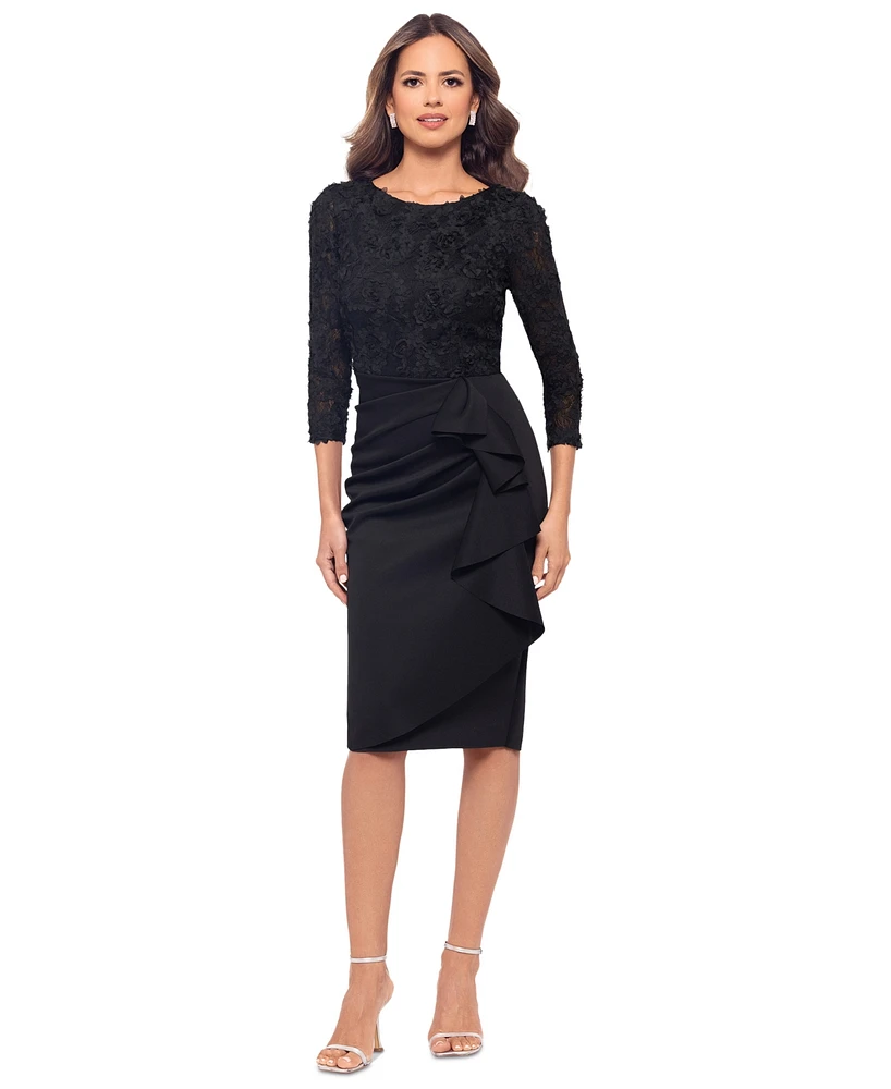 Xscape Women's Long-Sleeve Ruffled Lace Midi Dress