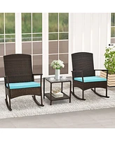 Gymax 3 Pieces Rocking Wicker Bistro Set Outdoor Front Porch Rocker Chairs Conversation Turquoise